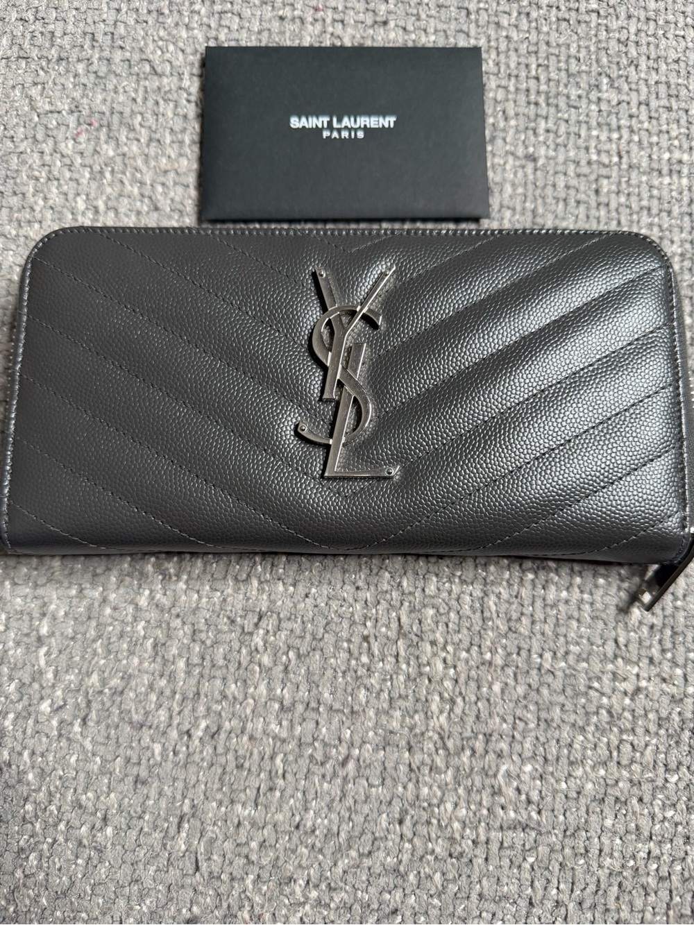 Saint Laurent Matelassé Zip Around Wallet Gray Grain de Poudre Leather
